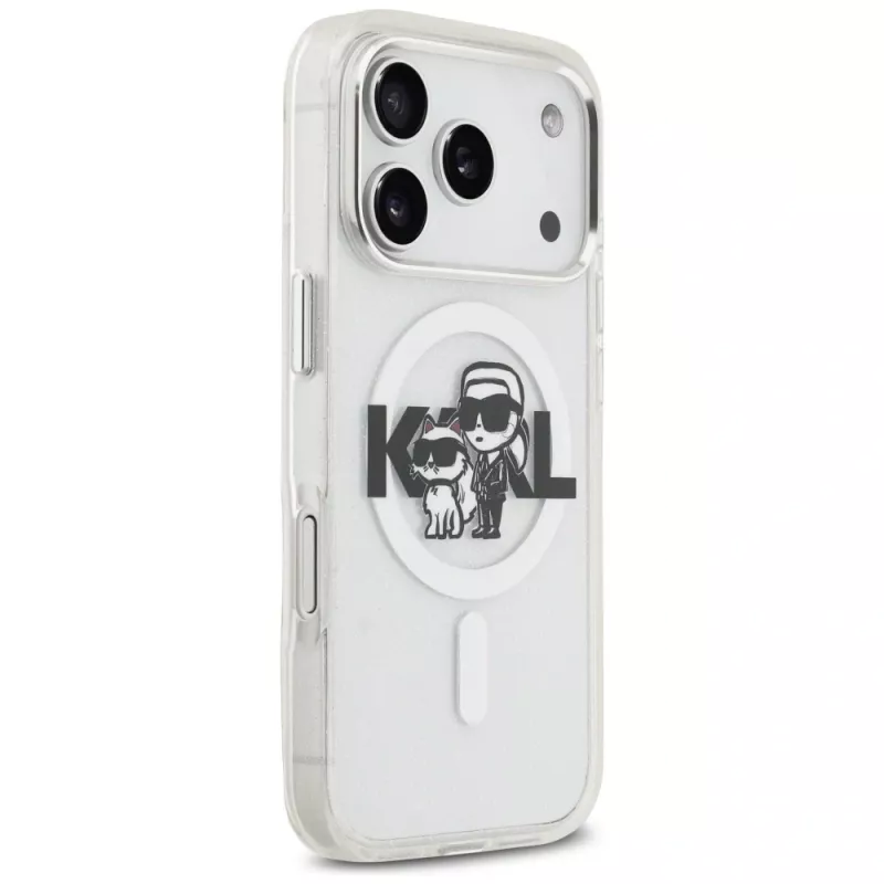 Karl Lagerfeld IML Glitter Karl & Choupette Sketch Logo MagSafe Case para iPhone 17 Pro, transparente