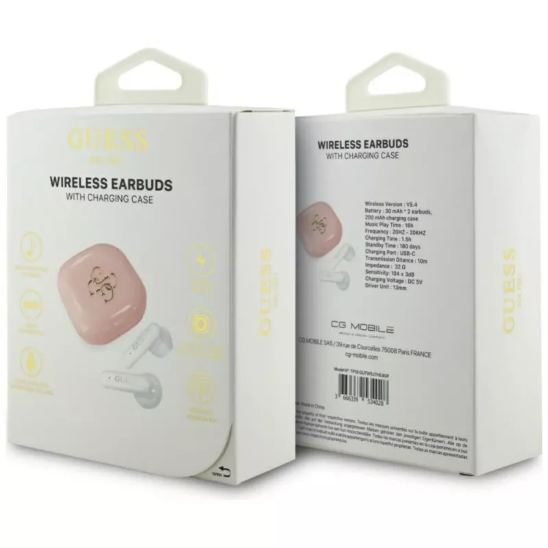 Guess 4G Metal Logo True Wireless Stereo Bluetooth 5.0 Earbuds com estojo de carregamento - rosa