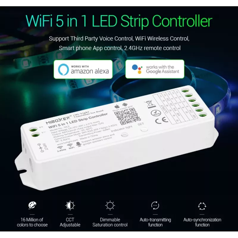 MIBOXER WL5 Controlador LED 5in1 RGB+CCT DC12-24V WiFi 2.4G Alexa