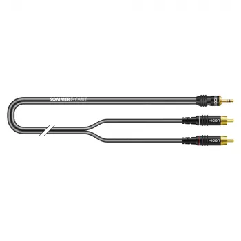 Cabo split estéreo Sommer Cable SC-Onyx 2025 MKII, 2 x 1 x 0,25 mm², ficha mini jack estéreo de 3,5 mm para 2x fichas RCA, HICON, preto, 5 m (ON2A-0500-SW)