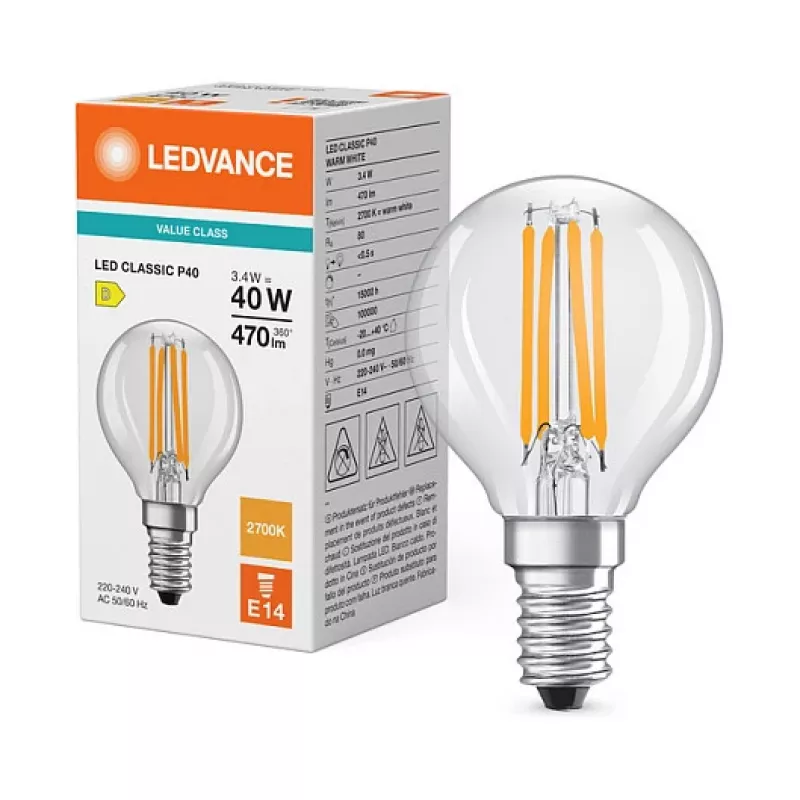 Osram LED Classic P 40 Filament 3.4W 827 Transparente E14 Lâmpada LED, Mini Globe