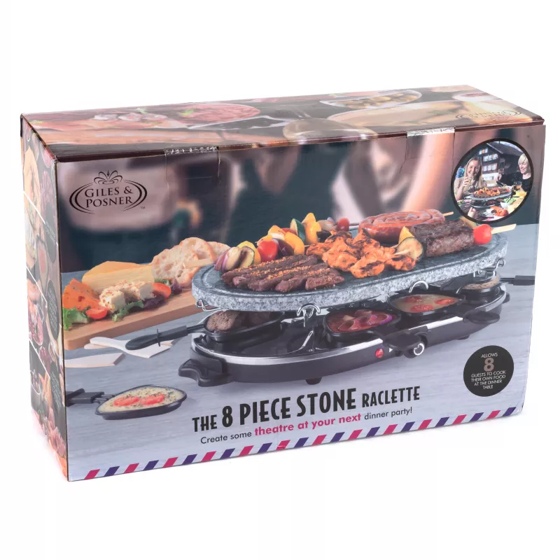 Giles & Posner EK1872GV2VDE Grelhador de raclette de pedra de mesa - 1200W, para 8 pessoas, preto/cinzento