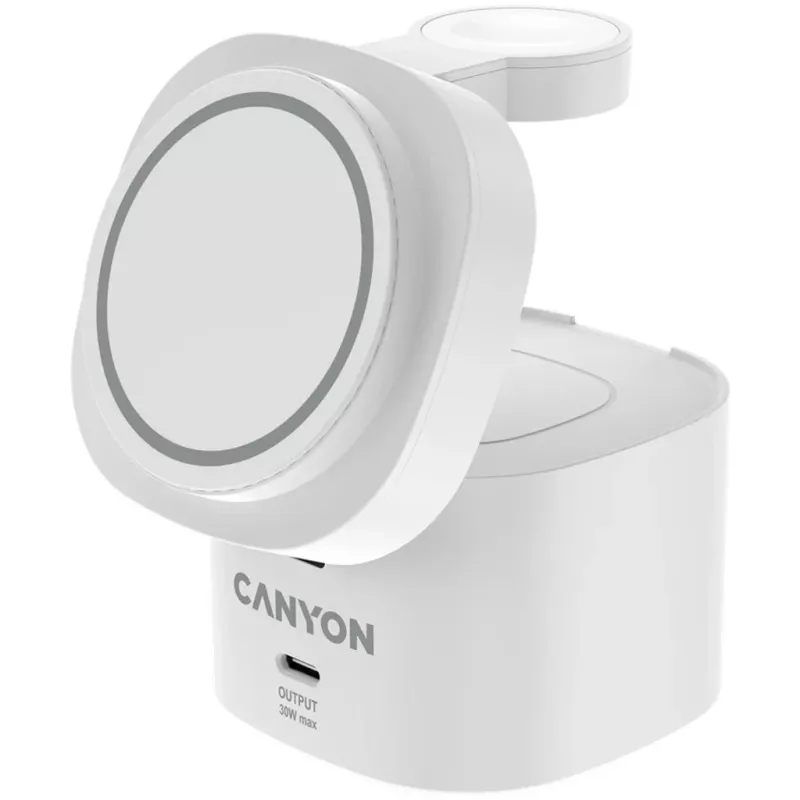 Canyon Suporte de carregamento sem fios 4 em 1, 30W máx., tamanho: 70x70x70,3mm, peso: 414g, com cabo de 1M, branco