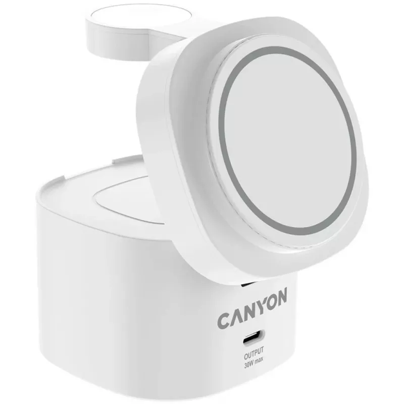 Canyon Suporte de carregamento sem fios 4 em 1, 30W máx., tamanho: 70x70x70,3mm, peso: 414g, com cabo de 1M, branco