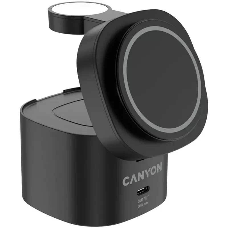 Canyon Suporte de carregamento sem fios 4 em 1, 30W máx., tamanho: 70x70x70,3mm, peso: 414g, com cabo de 1M, preto