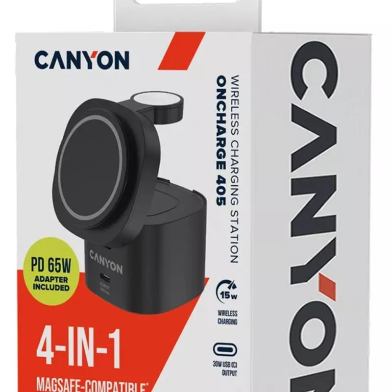 Canyon Suporte de carregamento sem fios 4 em 1, 30W máx., tamanho: 70x70x70,3mm, peso: 414g, com cabo de 1M, preto