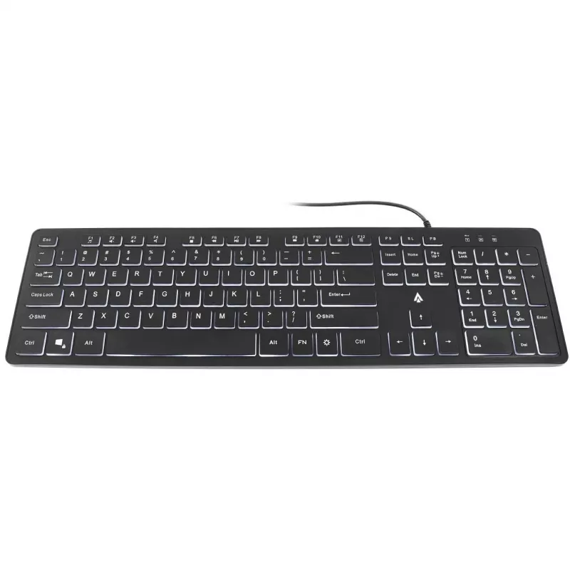 Teclado de membrana com fio retroiluminado Accura Artesia ACC-K1408, tamanho completo QWERTY, LED multicolor, preto