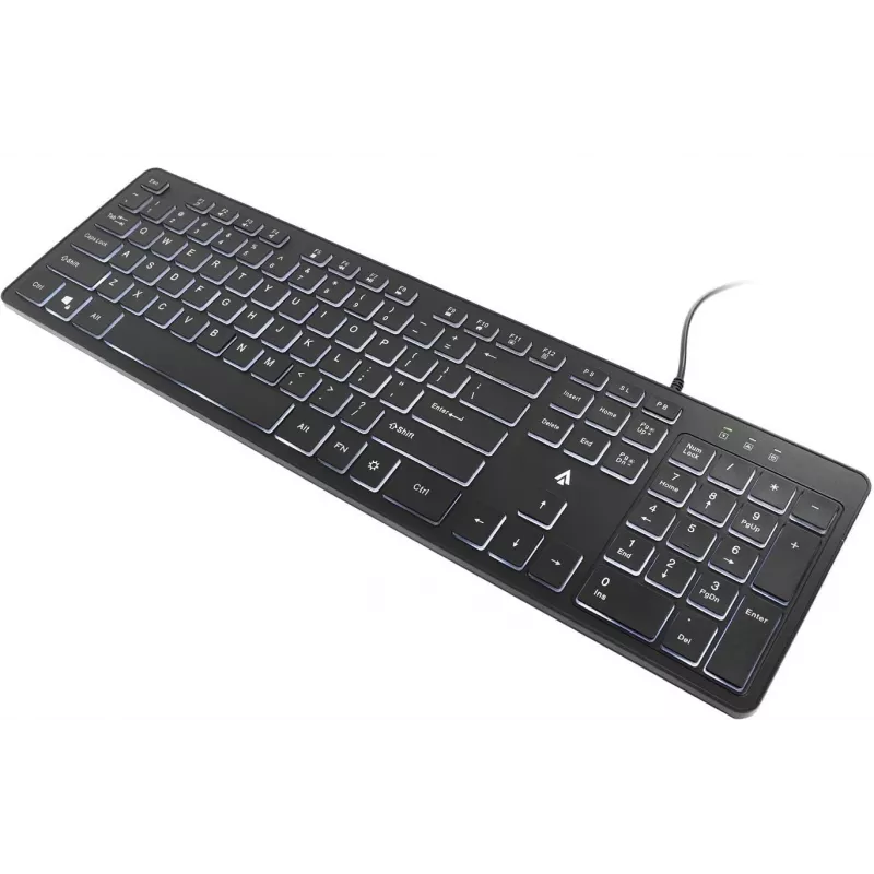 Teclado de membrana com fio retroiluminado Accura Artesia ACC-K1408, tamanho completo QWERTY, LED multicolor, preto