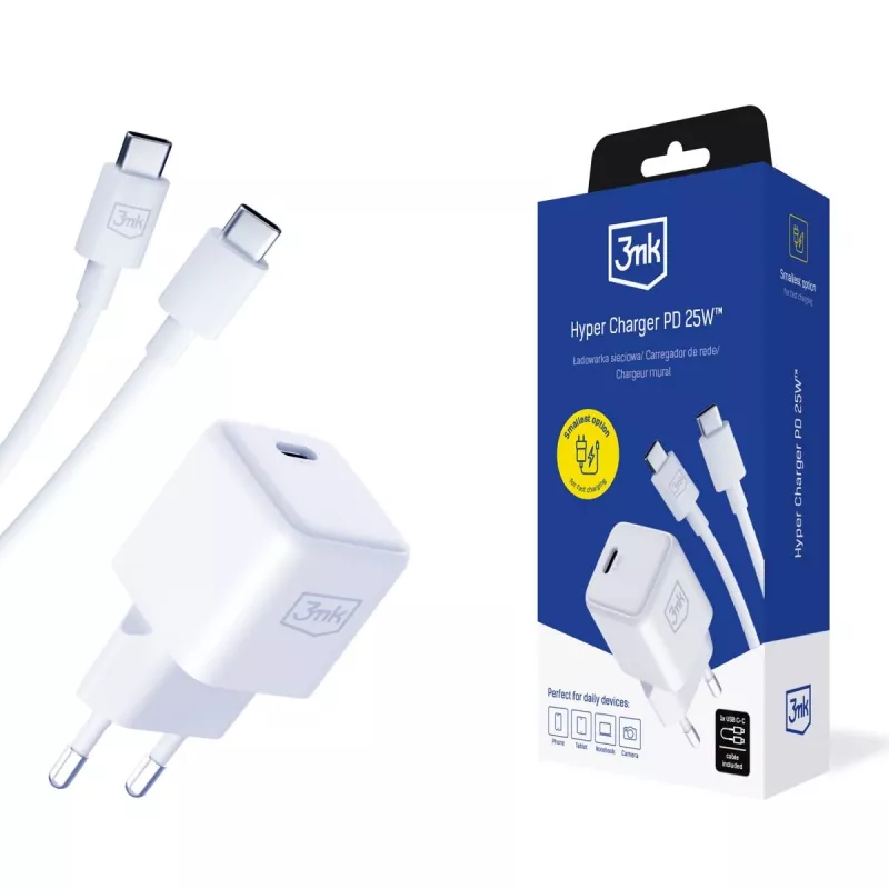 3MK Hyper Charger PD 25W + 1 cabo USB-C para USB-C
