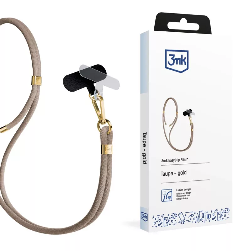 Cordão para telemóvel 3mk EasyClip Elite, nylon/liga de zinco, Taupe (Gold)