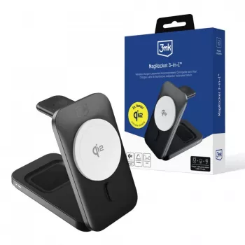 3MK MagRocket estação de carregamento sem fios 3-em-1 15W compatível com MagSafe para iPhone, Apple Watch, AirPods - preto