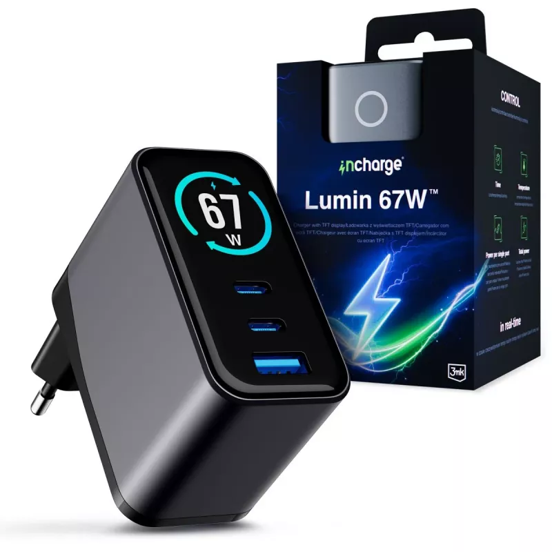 3mk InCharge Lumin 67W QC4+ ecrã preto/cinzento