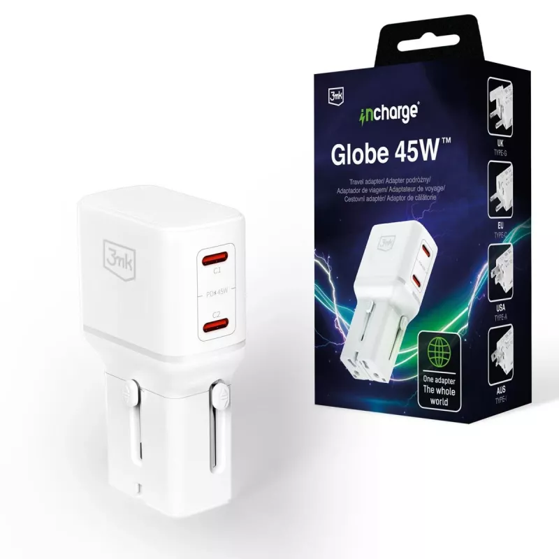3mk incharge® Globe 45W™ 2C PD QC4+ PPS SCP AFC US/EU/AUS/UK branco
