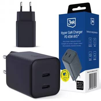 3MK Hyper Charger PD 45W GaN AVS QC4+ PPS AFC FCP DCP 2C Preto