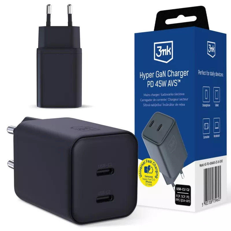 3MK Hyper Charger PD 45W GaN AVS QC4+ PPS AFC FCP DCP 2C Preto