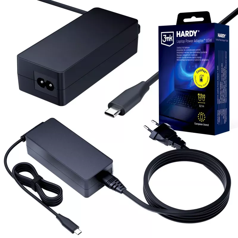 Fonte de alimentação para portátil 3MK HARDY 65W USB-C 3,2m preta