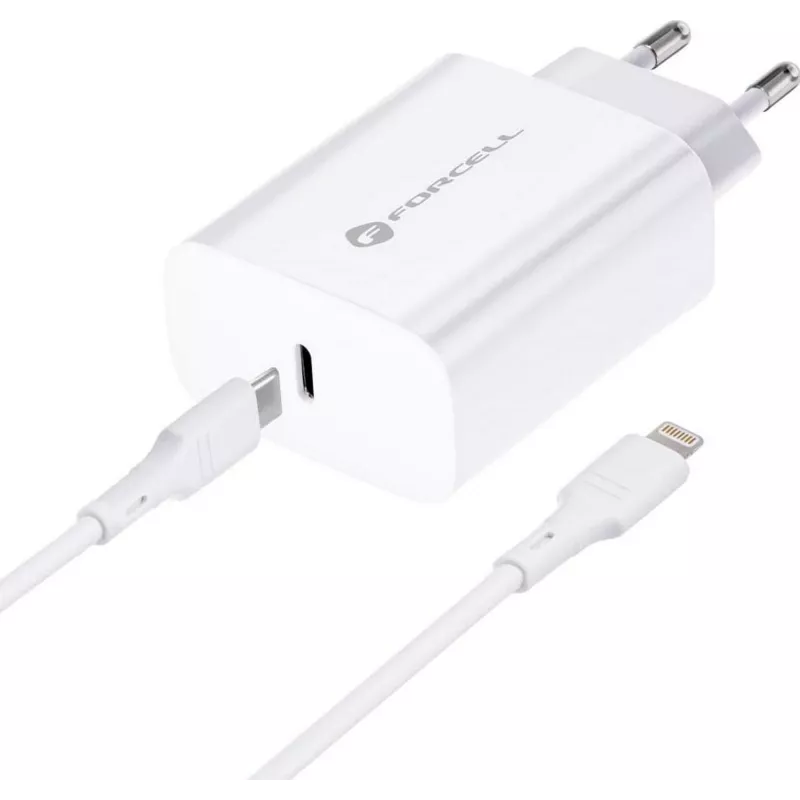 FORCELL F-ENERGY TFK-TC-20WPD carregador USB-C com cabo USB-C para Lightning, 20W PD QC4.0, 3A, branco