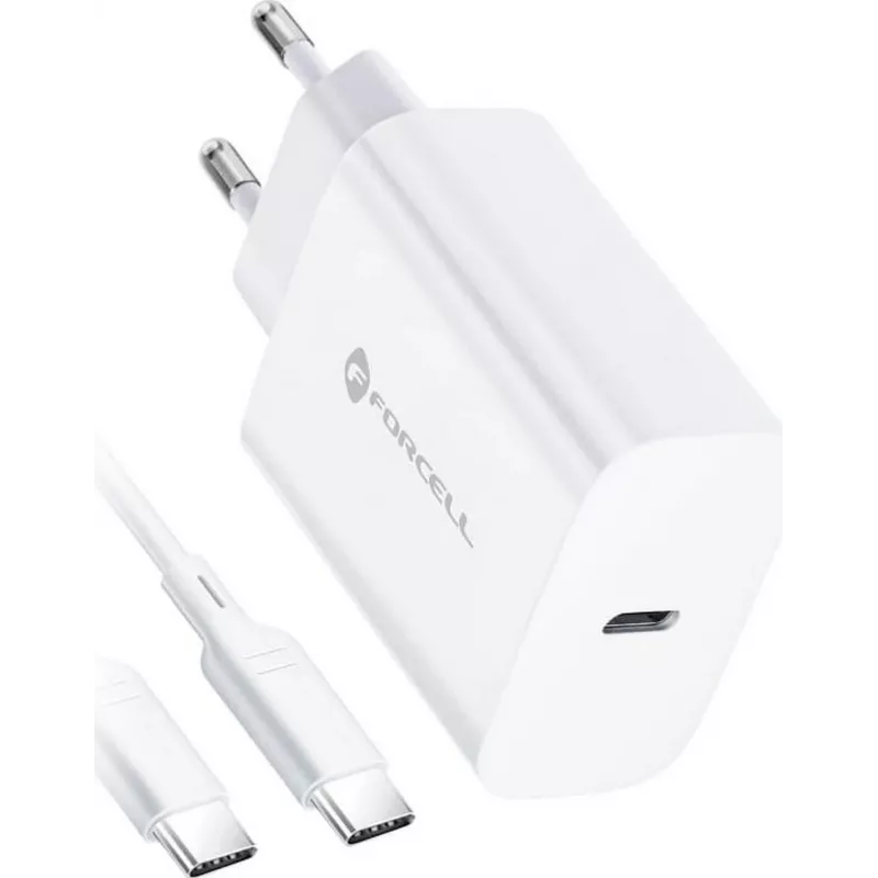 FORCELL F-ENERGY TFK-TC-25WPD carregador de parede USB-C 25W PD QC 3.0 com cabo USB-C para USB-C 3A branco