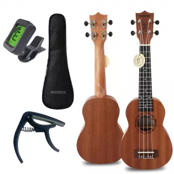 Conjunto de ukulele soprano MOZOS GECKO – madeira natural, 12 trastos, cordas de nylon, incl. gigbag, afinador, palhetas, alça, cordas de substituição, pano de limpeza