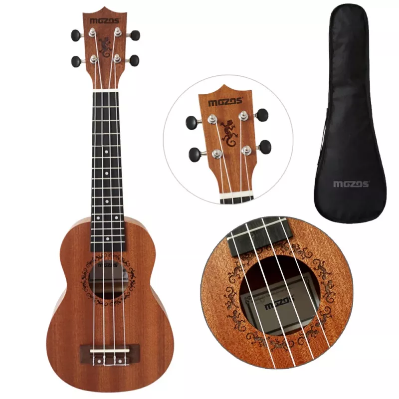 Conjunto de ukulele soprano MOZOS GECKO – madeira natural, 12 trastos, cordas de nylon, incl. gigbag, afinador, palhetas, alça, cordas de substituição, pano de limpeza