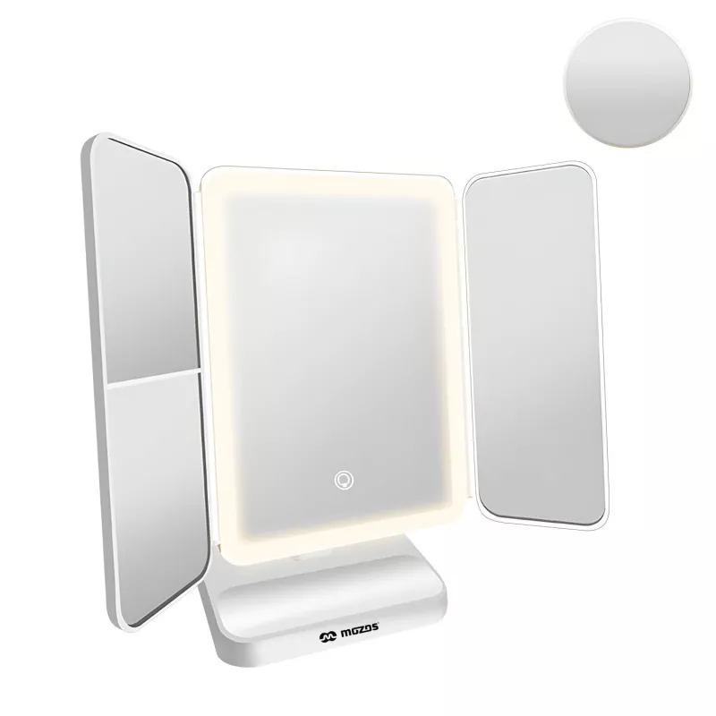 MOZOS ML10X espelho de maquilhagem LED com ampliação 10x, 3 modos de cor, regulação contínua, rotação 360°, recarregável USB-C, branco