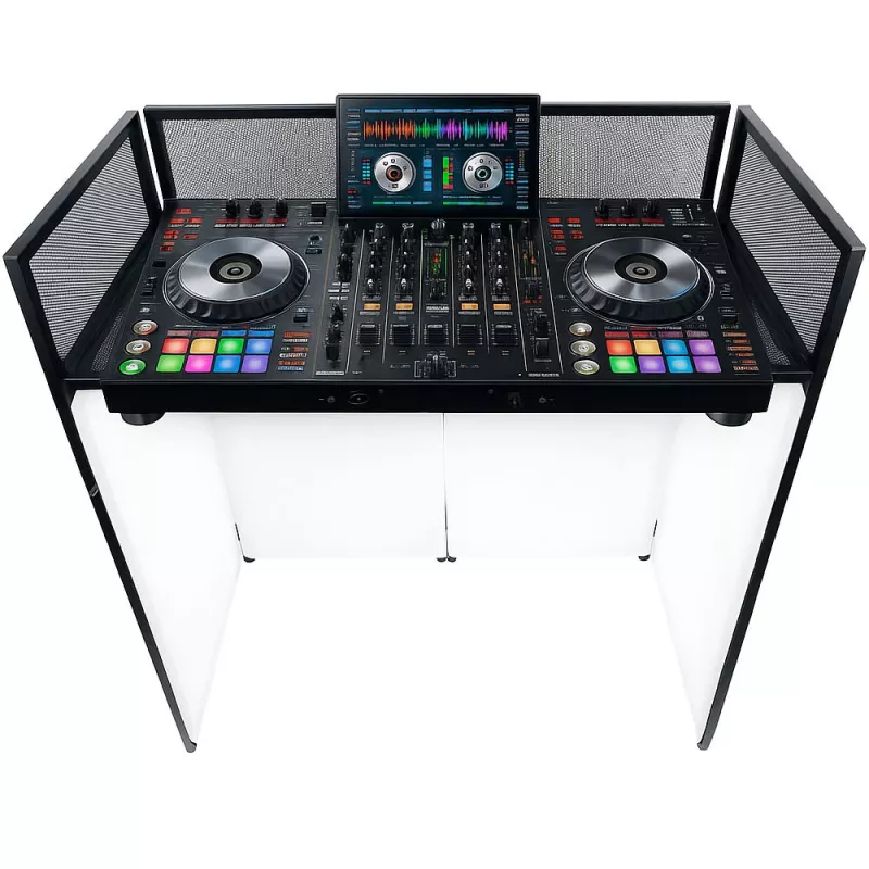MOZOS EPDJ-100 Painel de Palco para DJ com Mesa - Ecrã Grande, Painel Branco, Estrutura Preta