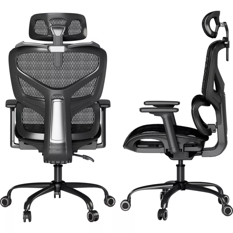 MOZOS ERGO-V Cadeira de escritório ergonómica com apoio lombar e apoio de cabeça ajustáveis, Preto