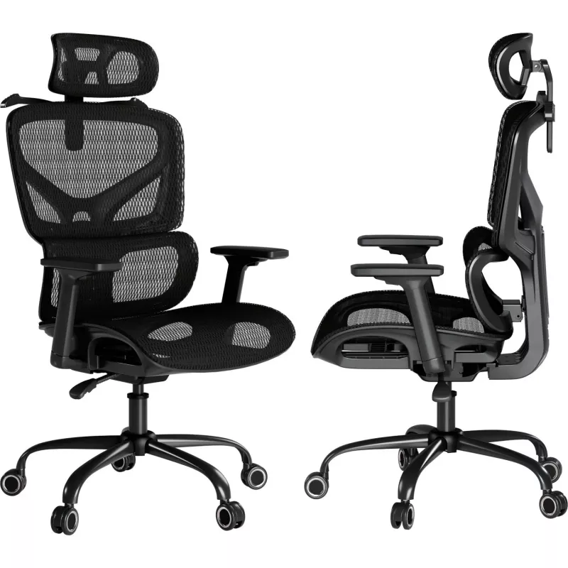 MOZOS ERGO-V Cadeira de escritório ergonómica com apoio lombar e apoio de cabeça ajustáveis, Preto