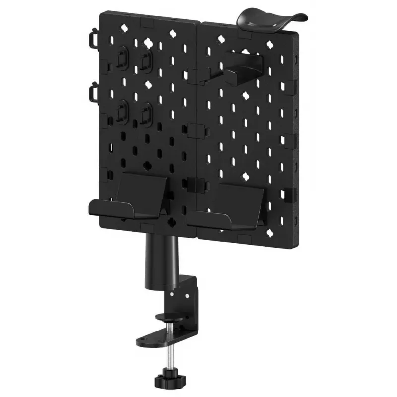 Huzaro Sync 3.0 Painel organizador de secretária - Preto, 700x600 mm, fixação por aperto, com 2 prateleiras, 5 ganchos, porta-canetas