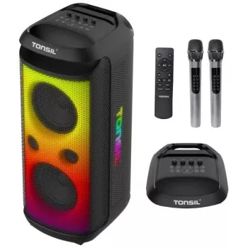 TONSIL Party Dance 1600 Altifalante Bluetooth Portátil para Festas com Luzes LED, Karaoke, 1600W PMPO, 80W RMS, Woofer de 10 polegadas, TWS, Rádio FM, Microfone e Comando