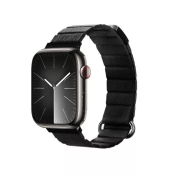 Crong Eclipse Bracelete Magnético de Pele Genuína para Apple Watch 44/45/46/49 mm (Preto)