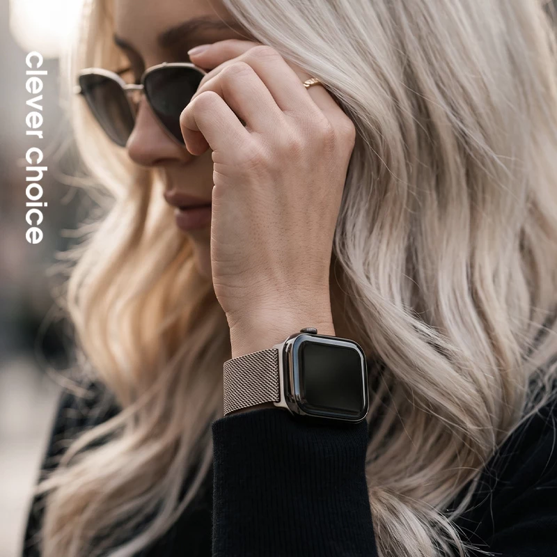 Crong Milano Steel – Bracelete de Aço Inoxidável para Apple Watch 44/45/46/49 mm (Champanhe)