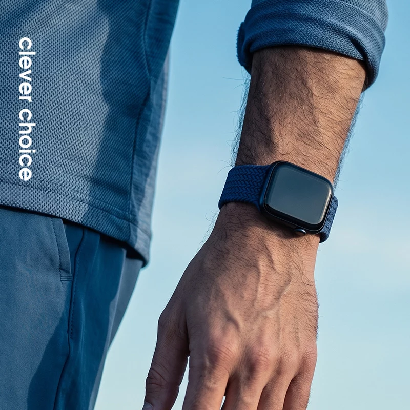 Crong Wave Band Solo Loop de nylon entrançado para Apple Watch 44/45/46/49 mm (Navy Blue)
