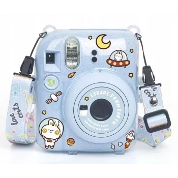 Capa protetora LOVEINSTANT para Fujifilm Instax Mini 12 - Escape From Earth, Azul Glitter com autocolantes e bolsa para fotos