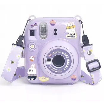 Capa protetora LOVEINSTANT para Fujifilm Instax Mini 12 - design Sweet Rabbit, Lilás Glitter, com autocolantes e bolsa para fotos