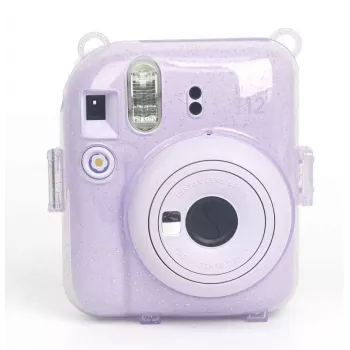 Capa protetora LOVEINSTANT para Fujifilm Instax Mini 12 - design Sweet Rabbit, Lilás Glitter, com autocolantes e bolsa para fotos
