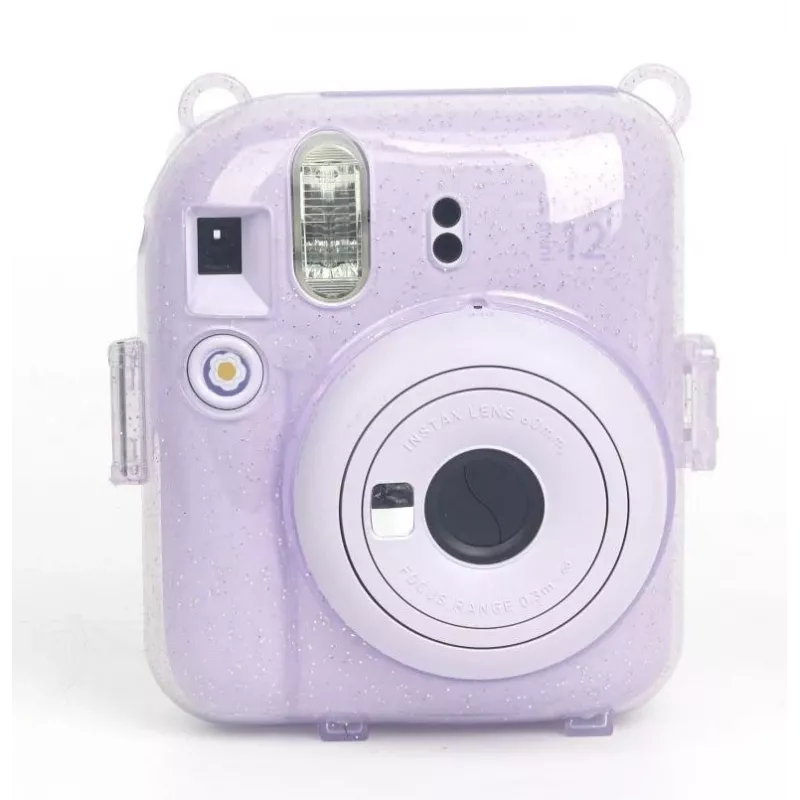 Capa protetora LOVEINSTANT para Fujifilm Instax Mini 12 - design Sweet Rabbit, Lilás Glitter, com autocolantes e bolsa para fotos