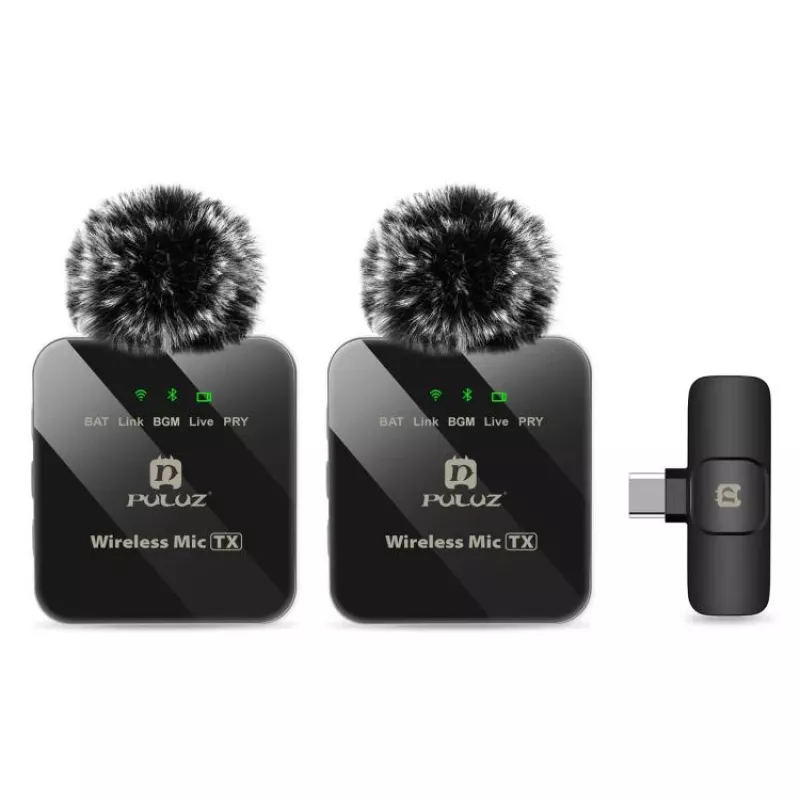 PULUZ PU648B 2x Microfone Lavalier Sem Fios para Smartphones USB-C, Tablets, Portáteis - 2,4 GHz, omnidirecional, Plug and Play