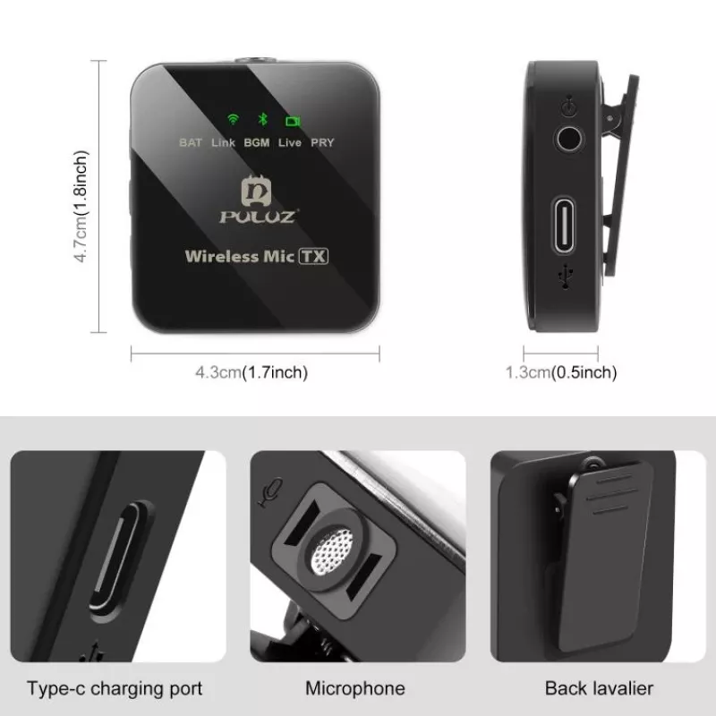 PULUZ PU648B 2x Microfone Lavalier Sem Fios para Smartphones USB-C, Tablets, Portáteis - 2,4 GHz, omnidirecional, Plug and Play
