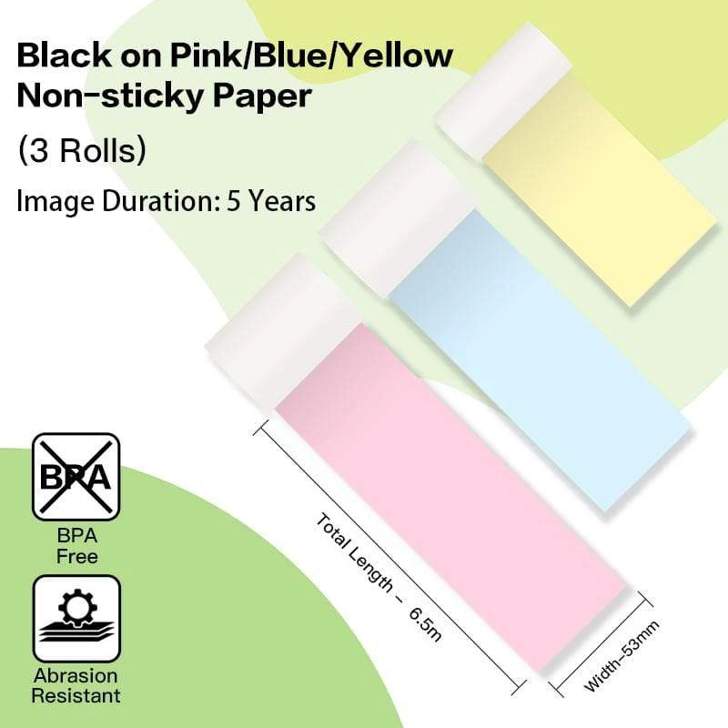 Phomemo Rolos de papel térmico colorido 53mm x 6,5m pack de 3 para T02 M02 PRO M03 M04S