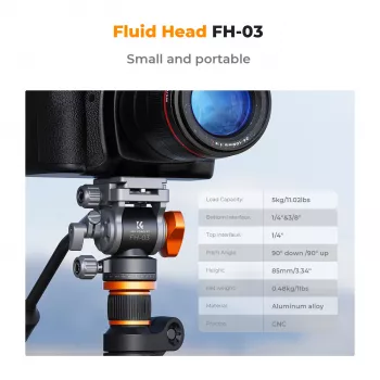 K&F Concept FH-03 Cabeça de vídeo fluida, carga de 5 kg, Arca-Swiss, 1/4 polegadas-20 e 3/8 polegadas-16, Preto