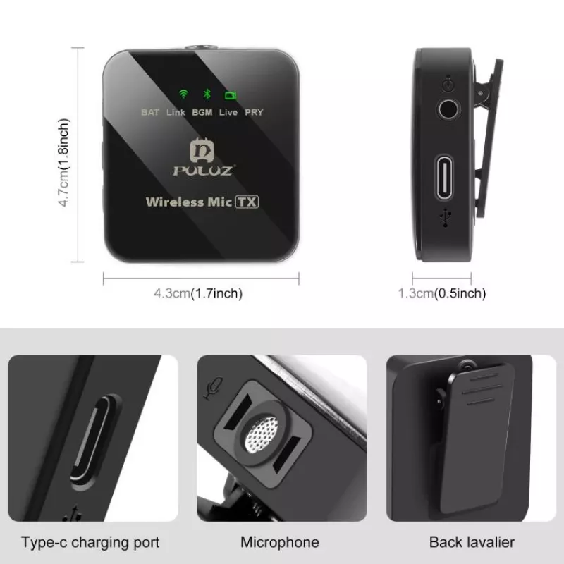 PULUZ PU3153B Microfone Bluetooth sem fios 3,5 mm TRS/TRRS para telefone e câmara