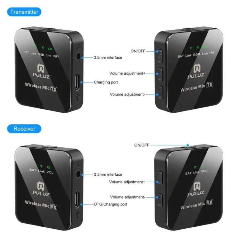 PULUZ PU3153B Microfone Bluetooth sem fios 3,5 mm TRS/TRRS para telefone e câmara