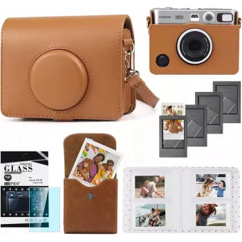 LOVEINSTANT Kit 5em1: Capa de proteção + vidro temperado + álbum de fotografias 64 bolsas + bolsa para fotografias + molduras para Fuji Instax Mini Evo / Castanho