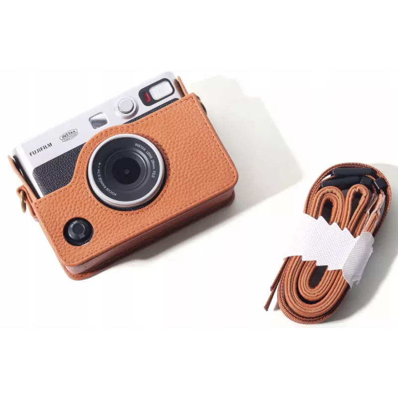 LOVEINSTANT Kit 5em1: Capa de proteção + vidro temperado + álbum de fotografias 64 bolsas + bolsa para fotografias + molduras para Fuji Instax Mini Evo / Castanho