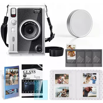 LOVEINSTANT Kit 6em1: Capa rígida transparente + protetor de vidro temperado + álbum de fotografias 64 bolsas + tampa de objetiva + molduras + alça de ombro para Fujifilm Instax Mini Evo