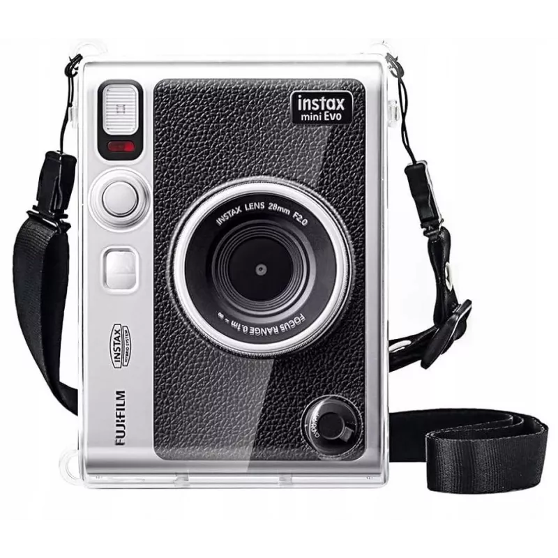LOVEINSTANT Kit 6em1: Capa rígida transparente + protetor de vidro temperado + álbum de fotografias 64 bolsas + tampa de objetiva + molduras + alça de ombro para Fujifilm Instax Mini Evo