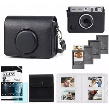 LOVEINSTANT Kit 5em1: Capa + vidro temperado + álbum 64 bolsas + bolsa para fotografias + molduras para Fuji Instax Mini Evo / Preto