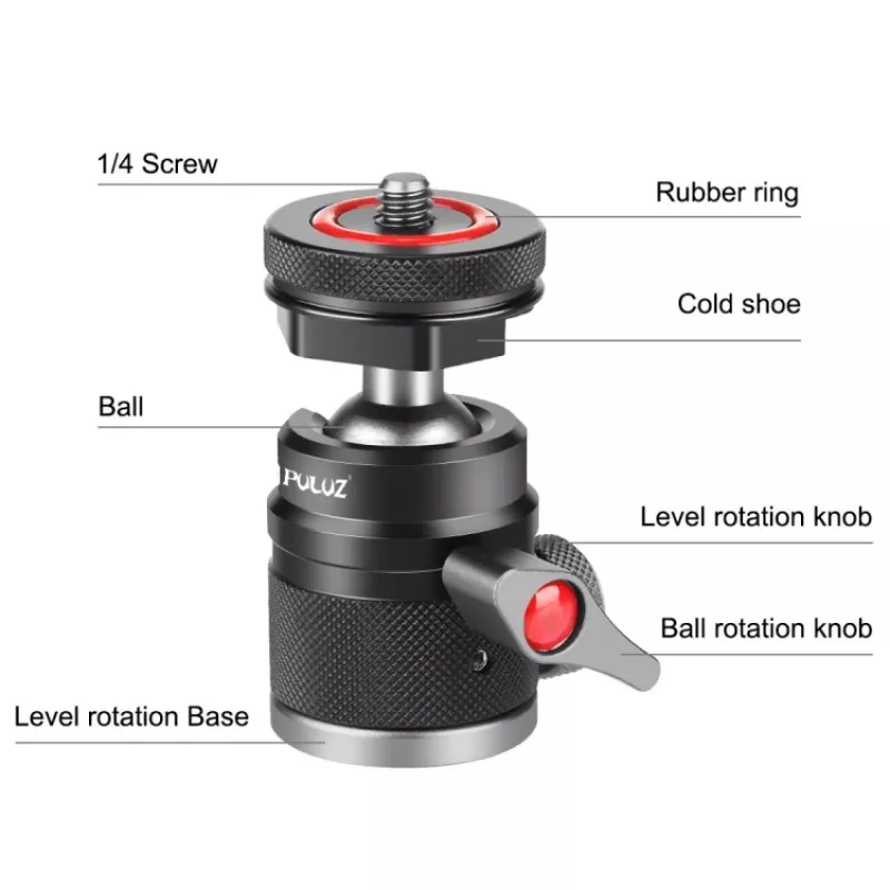 PULUZ Mini cabeça de esfera 3D com parafuso de 1/4 de polegada e 2 suportes de sapata fria, capacidade de carga 3 kg, preto PU3075B