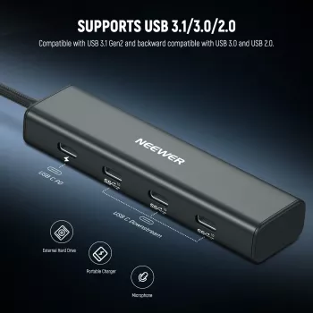 NEEWER PS020E hub USB-C 4-em-1 com 5x USB-C 10Gbps 100W PD, suporte de sapata fria e rosca de 1/4 polegadas